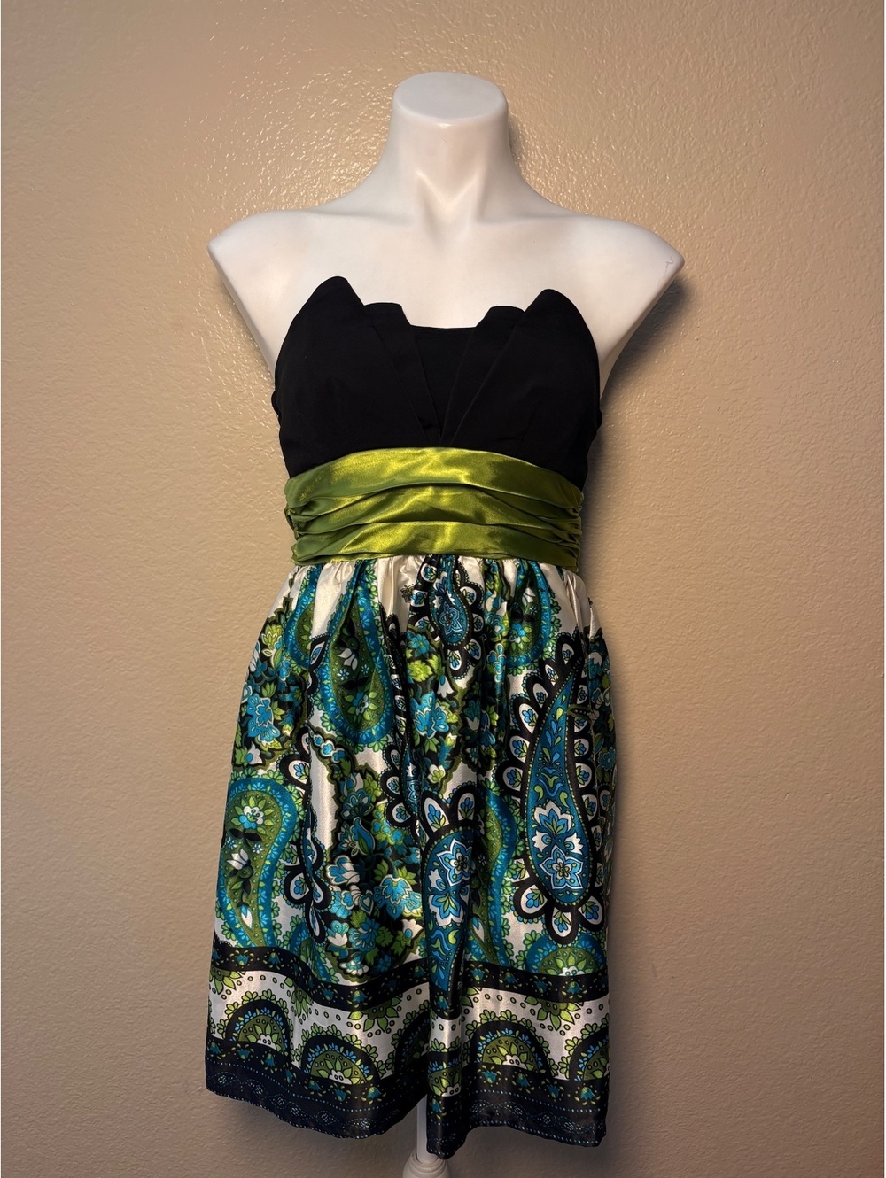 Y2K Trixxi Dress Green Sash & Blue Paisley Pattern Fairy Satin #13